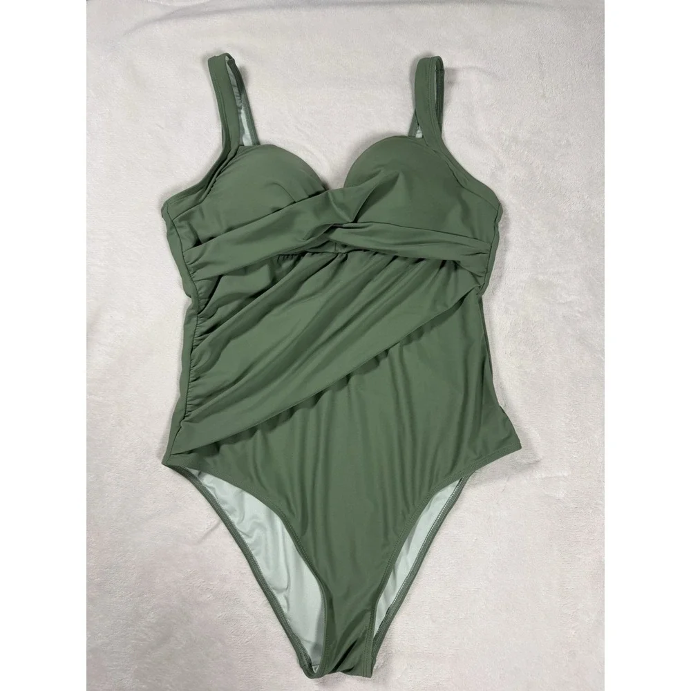 Cupshe One Piece Swimsuit Womens Large‎ Green Tummy Control Twist Front
